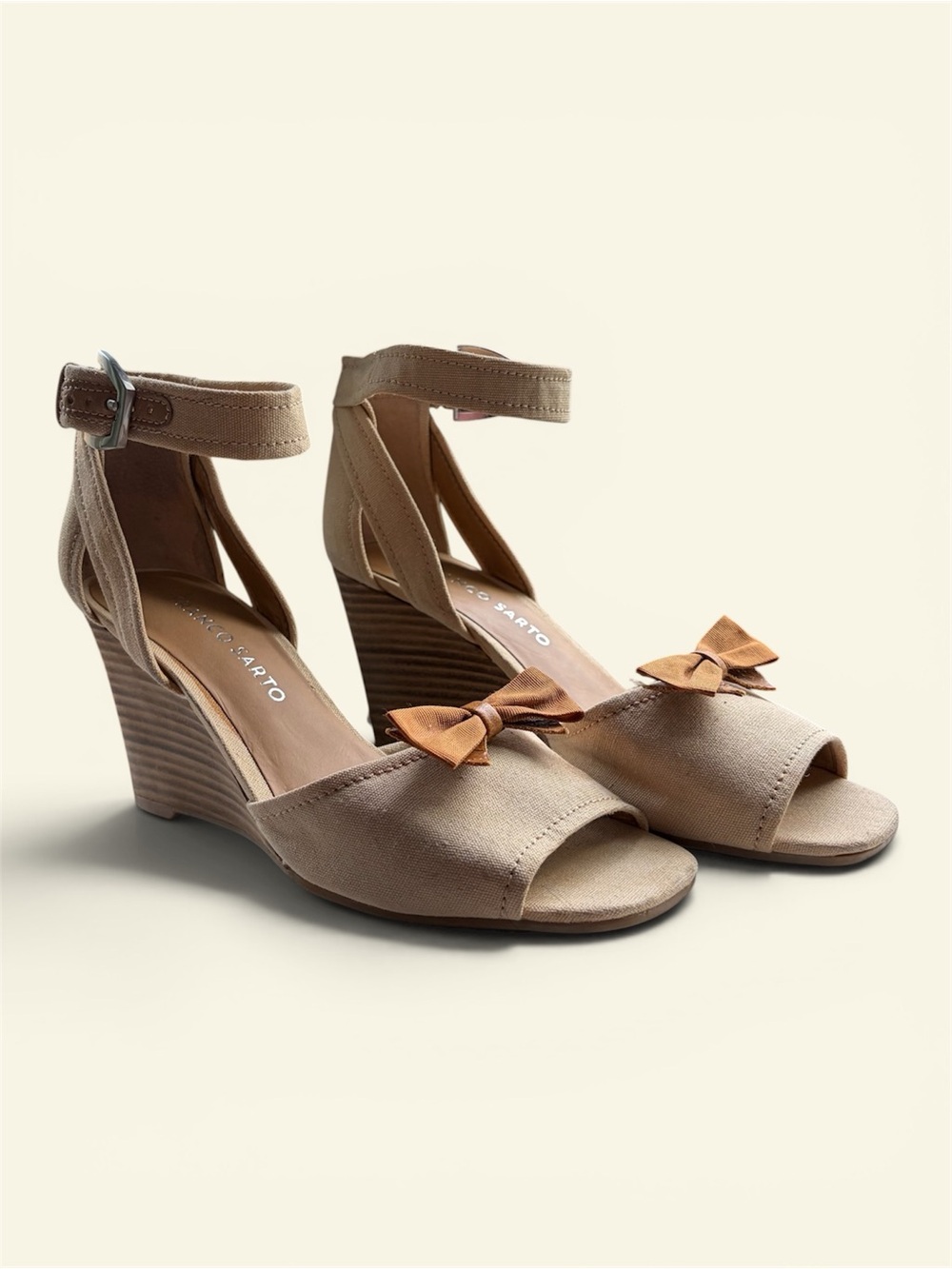 Franco Sarto Hanson2 Beige Canvas Wedge Sandals Bow Ankle Strap Women's 6M Boho